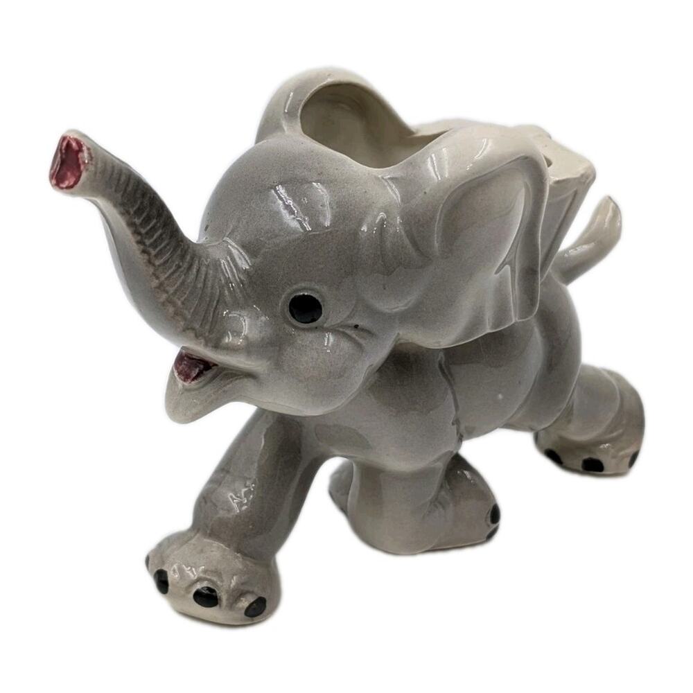 Mid-Century Japan Gray Ceramic Elephant Planter w/ Raised Trunk – 7” Vintage